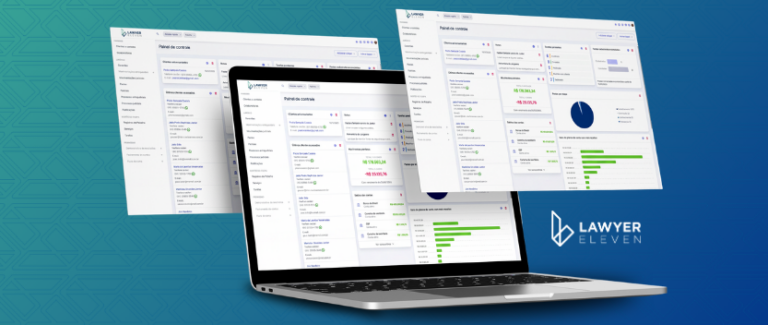Painéis de controle do Lawyer Eleven em notebook e telas flutuantes, exemplo de como escolher software jurídico olhando o sistema funcionando.